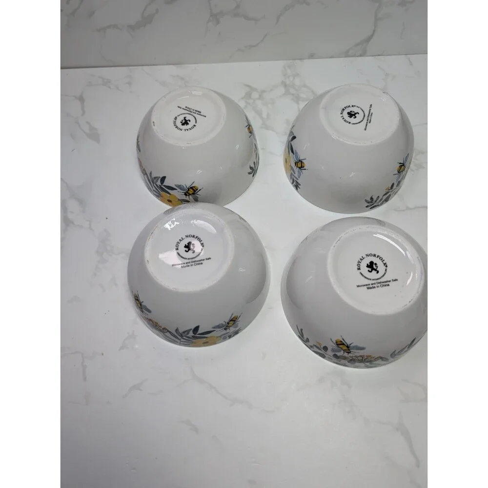 Royal Norfolk Bee Floral Cereal Bowls Set of 4 New Yellow Flowers 5.5